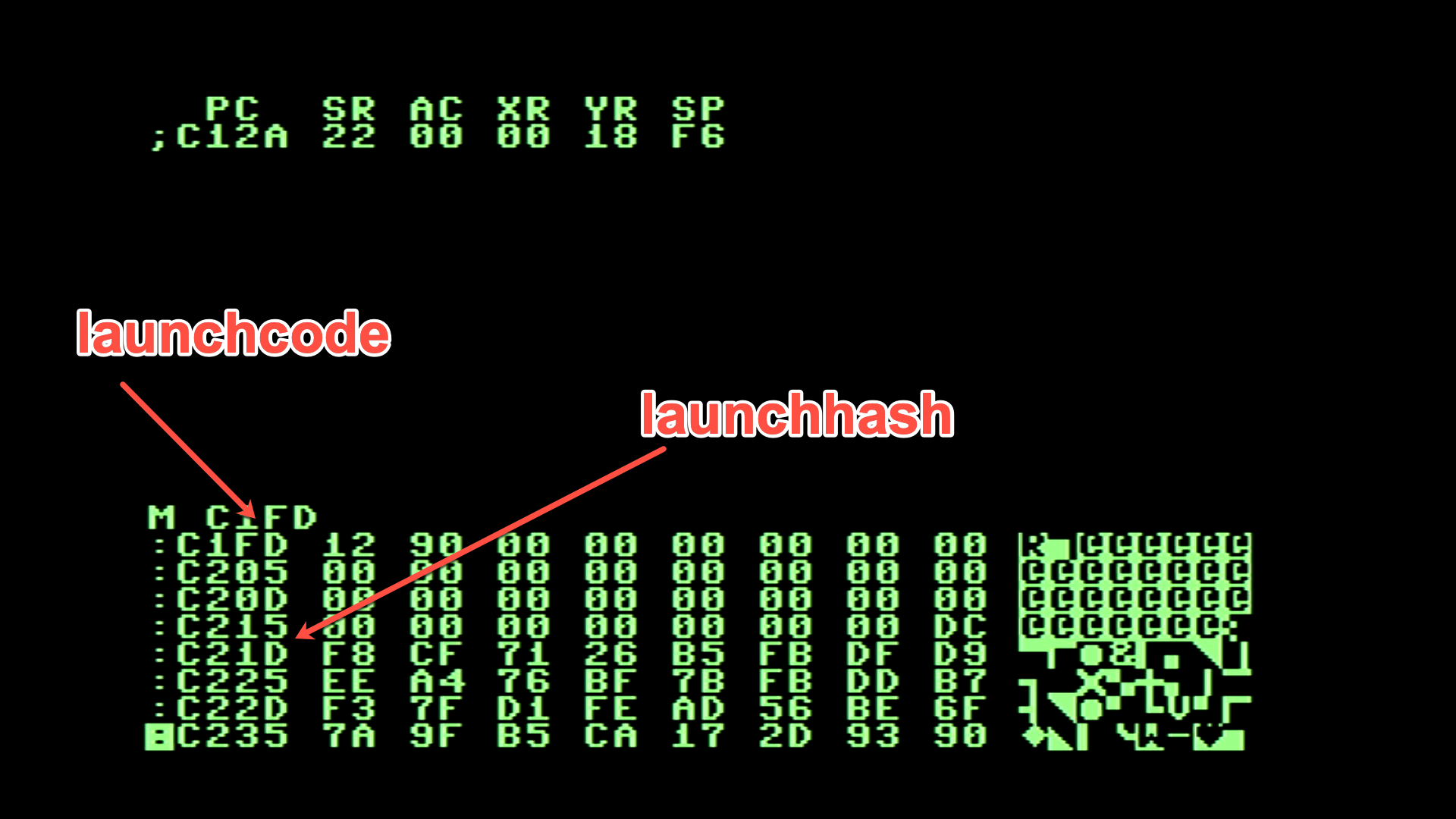 We’re looking to match the launchcode with the generated launchhash which represents the encrypted passcodes for launch. $F8CF71 is 16306033