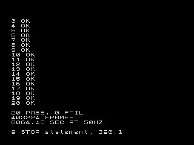 20 PASS, 0 FAIL. 403,224 frames at 50 Hz is 8,064 seconds, which works out to a little over two and a quarter hours.