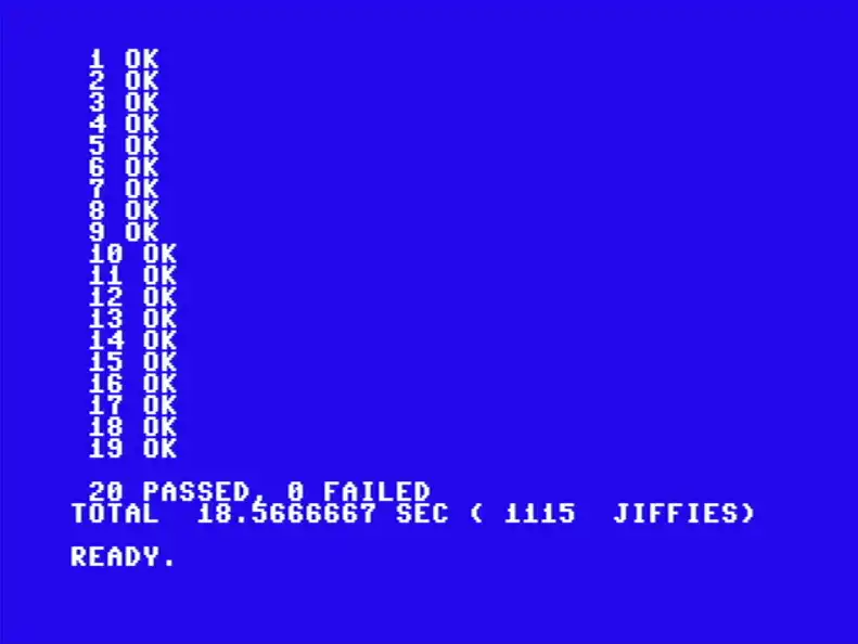 Same 20 patterns, same reference hashes, same algorithm. 18.57 seconds instead of 45 minutes. The 6502 inner loop fits in 465 bytes.