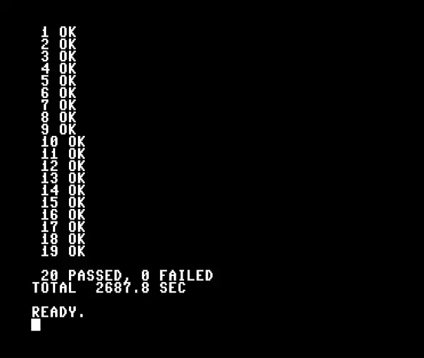 Stock C64 running the fly-hash on all 20 reference patterns. 20 passed, 0 failed. About 45 minutes from RUN to READY on a 1 MHz 6510.