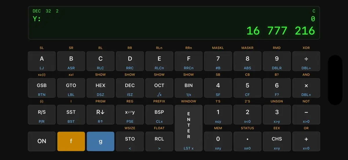 RPN-16C calculator in hex mode